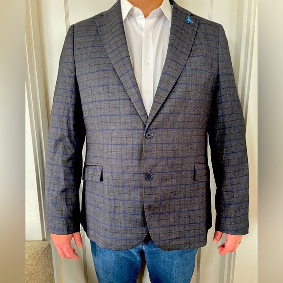 Taylor Byrd Sport Coat Charcoal And Blue Windowpane 46L New With Tags - Picture 1 of 12